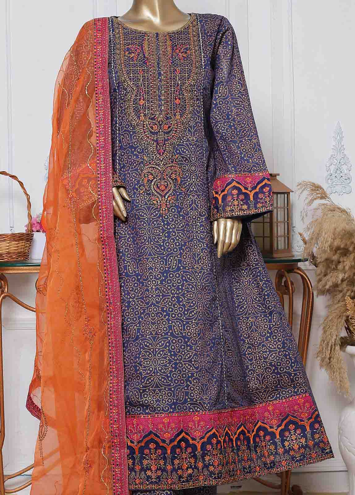 Bin Saeed | Stitch 3 Pc Block Printed Embroidered Lawn Frock