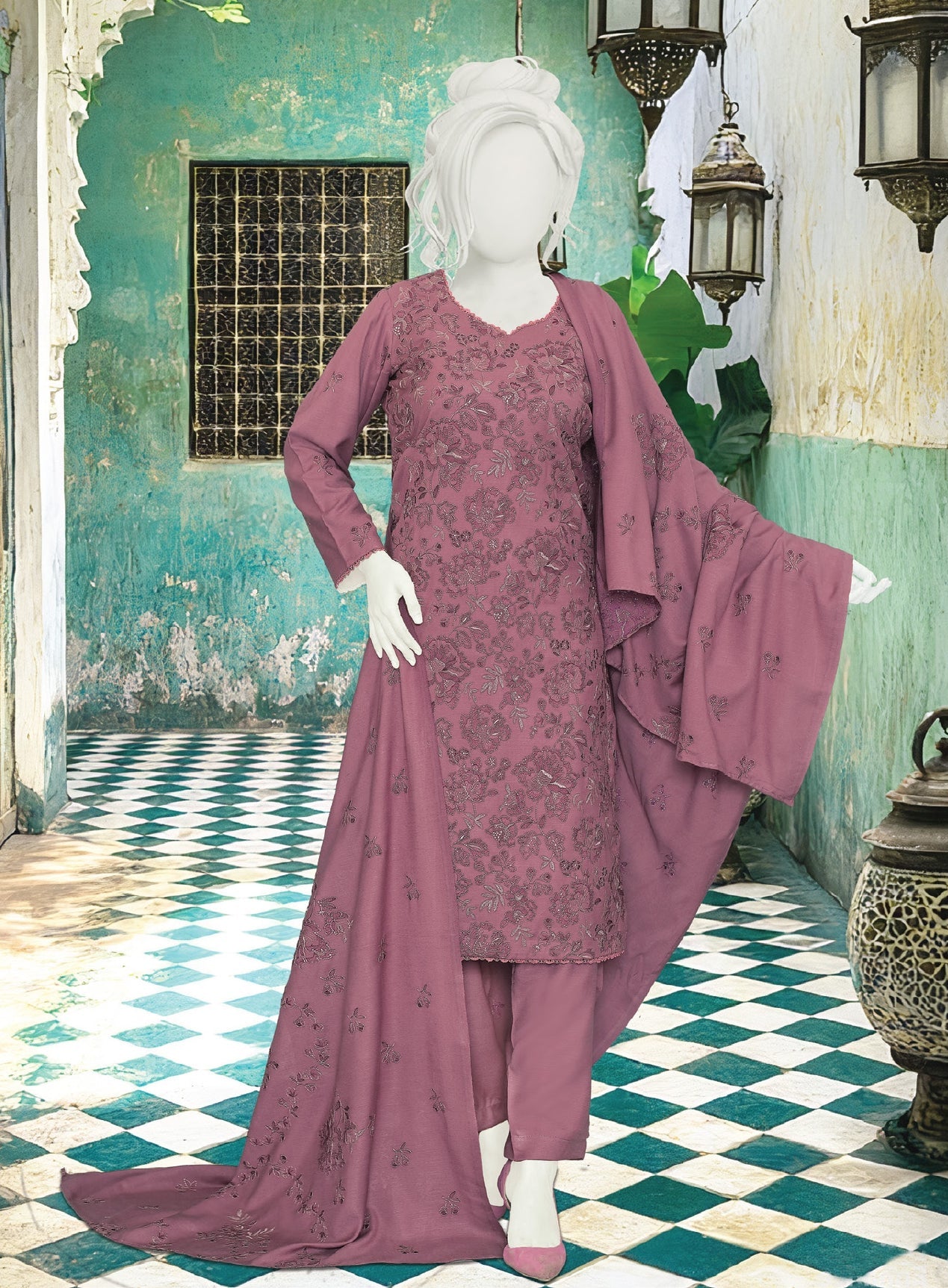 Mehmal by ABC |  Unstitched 3 Pc Embroidered Peach Slub Winter Collection