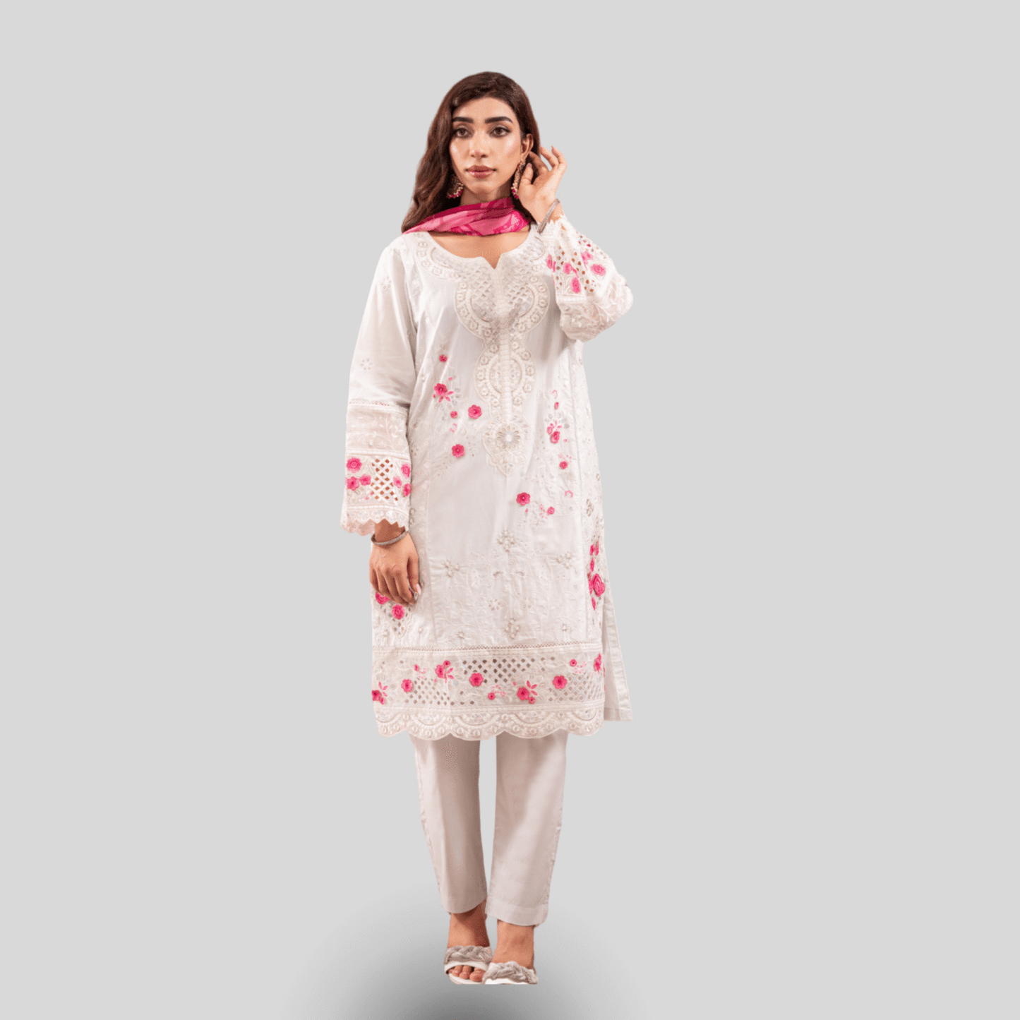 Silwalo | Exclusive Stitched 3-Piece Embroidered Soft Cotton with Chiffon Dupatta