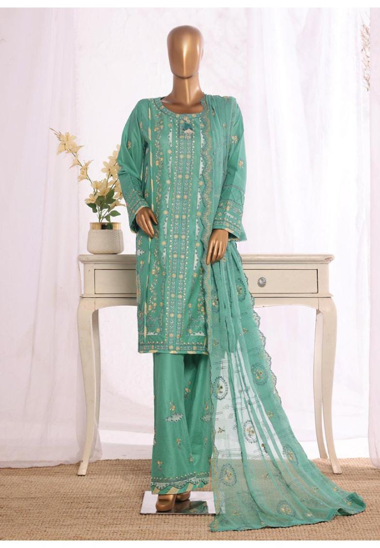 Bin Saeed Stitched | 3 Pc Luxury Plain Embroidered Lawn with Chiffon Dupatta