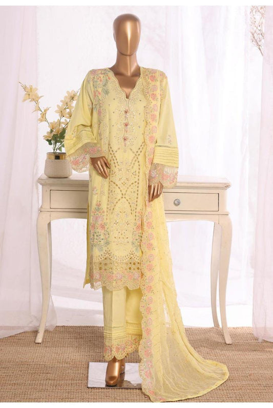 Bin Saeed Stitched | 3 Pc Luxury Plain Embroidered Lawn with Chiffon Dupatta