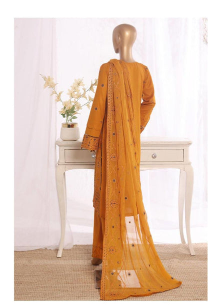 Bin Saeed Stitched | 3 Pc Luxury Plain Embroidered Lawn with Chiffon Dupatta