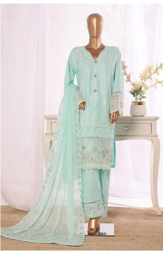 Bin Saeed Stitched | 3 Pc Luxury Plain Embroidered Lawn with Chiffon Dupatta