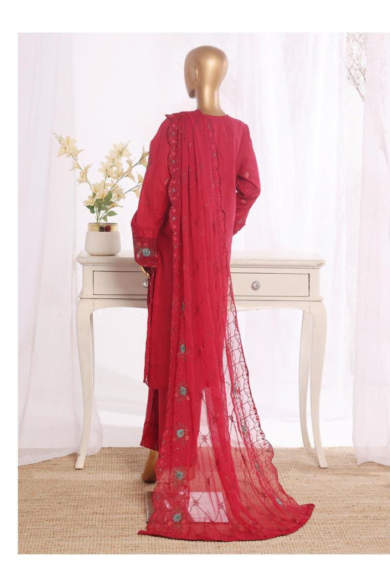 Bin Saeed Stitched | 3 Pc Luxury Plain Embroidered Lawn with Chiffon Dupatta