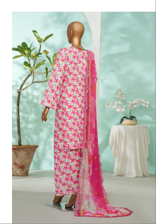 Bin Saeed | Stitch 3 Pc Embroidered Lawn With Farshi Shalwar And Embroidered Chiffon Dupatta