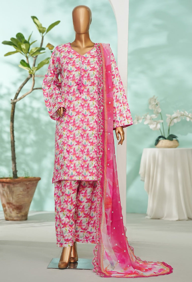 Bin Saeed | Stitch 3 Pc Embroidered Lawn With Farshi Shalwar And Embroidered Chiffon Dupatta
