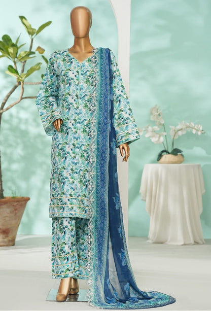 Bin Saeed | Stitch 3 Pc Embroidered Lawn With Farshi Shalwar And Embroidered Chiffon Dupatta