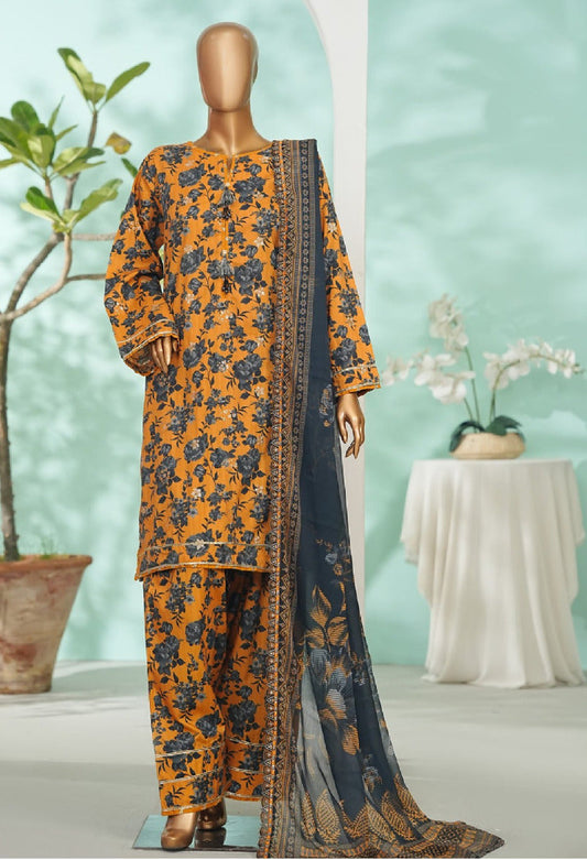 Bin Saeed | Stitch 3 Pc Embroidered Lawn With Farshi Shalwar And Embroidered Chiffon Dupatta