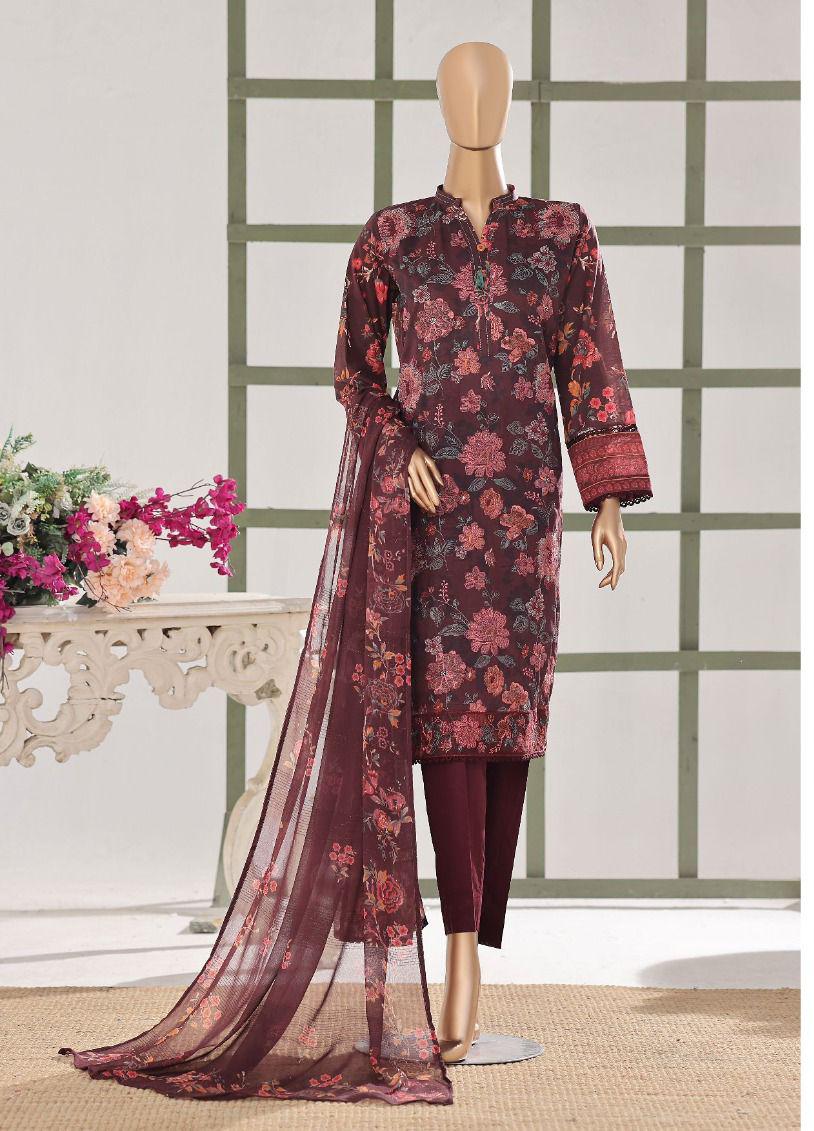 HZ | Unstitch 3 Pc Digital Printed Heavy Embroidered Slub Lawn with Chiffon Dupatta