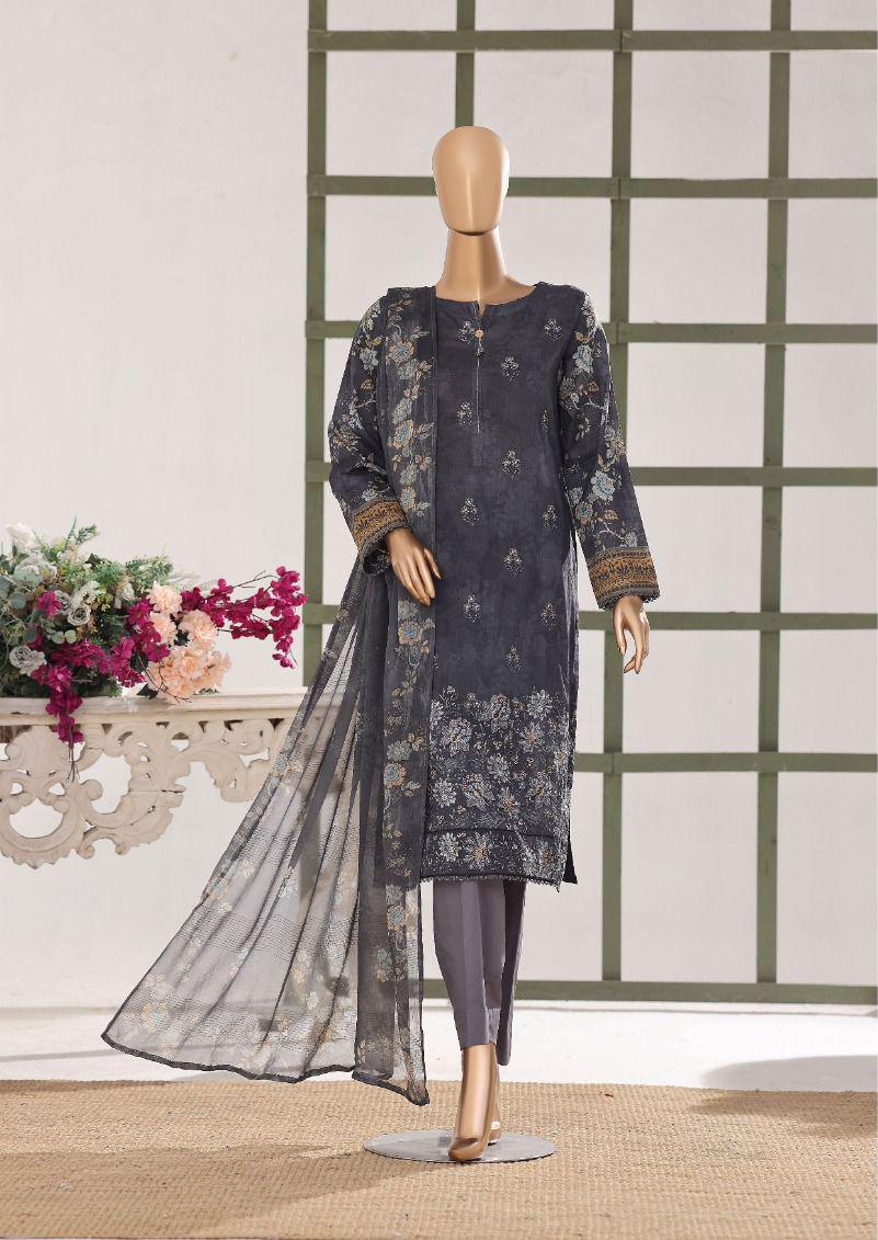HZ | Unstitch 3 Pc Digital Printed Heavy Embroidered Slub Lawn with Chiffon Dupatta