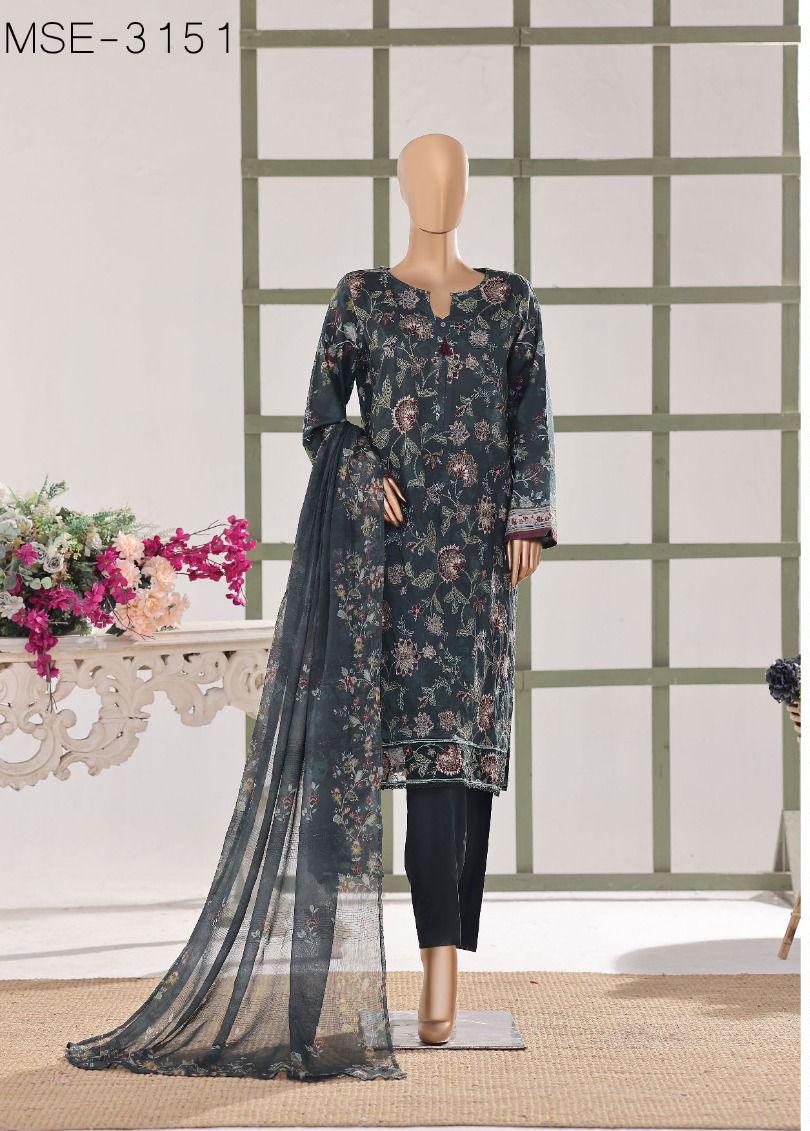 HZ | Unstitch 3 Pc Digital Printed Heavy Embroidered Slub Lawn with Chiffon Dupatta