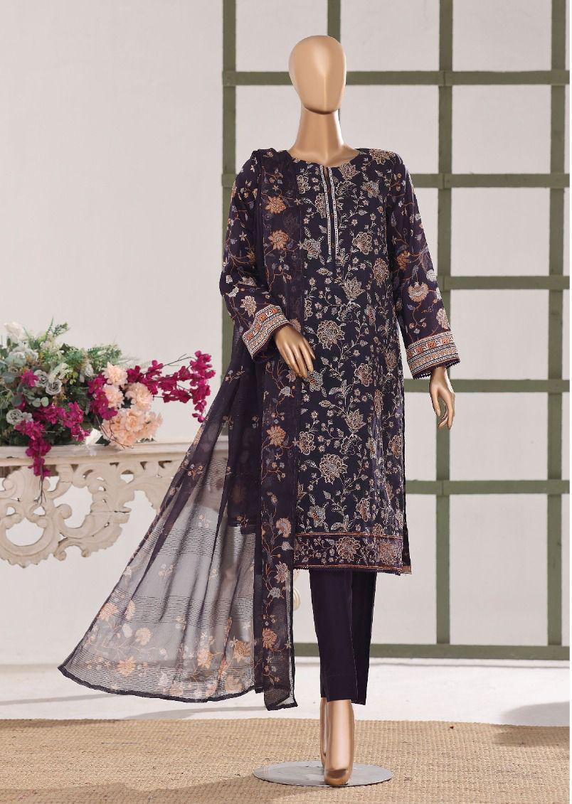 HZ | Unstitch 3 Pc Digital Printed Heavy Embroidered Slub Lawn with Chiffon Dupatta