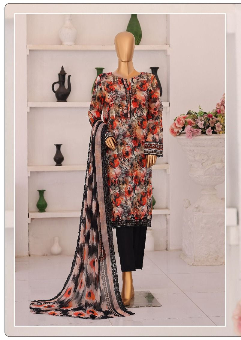 HZ | Unstitch 3 Pc Chikankari Suit with Printed Chiffon Dupatta