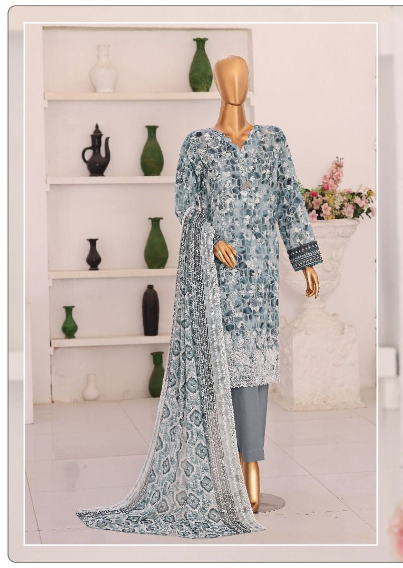 HZ | Unstitch 3 Pc Chikankari Suit with Printed Chiffon Dupatta