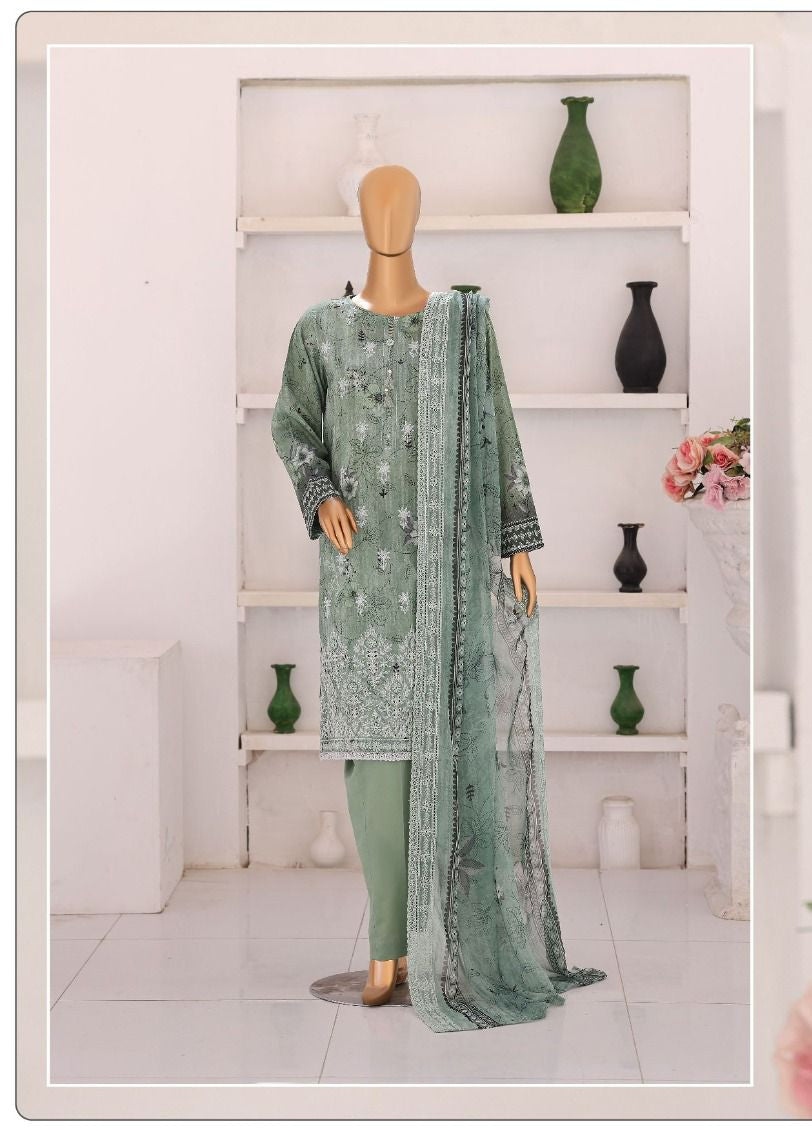 HZ | Unstitch 3 Pc Chikankari Suit with Printed Chiffon Dupatta