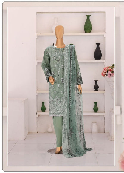 HZ | Unstitch 3 Pc Chikankari Suit with Printed Chiffon Dupatta