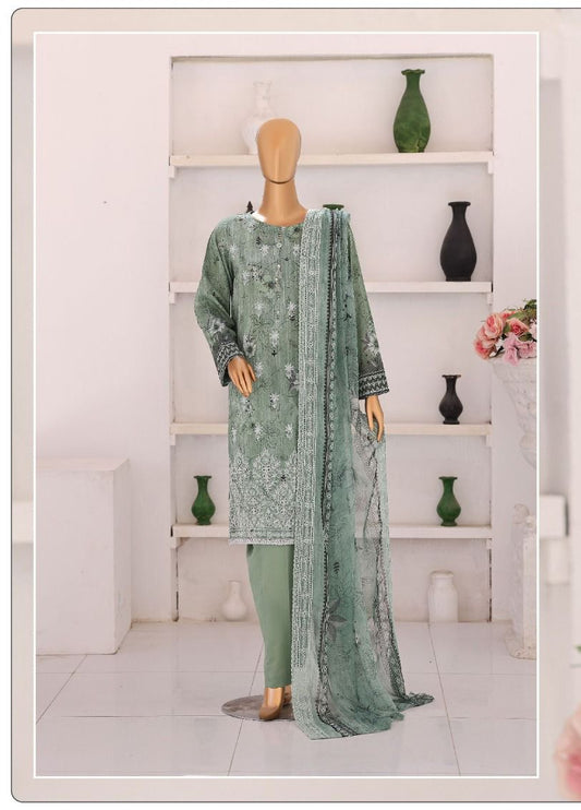HZ | Unstitch 3 Pc Chikankari Suit with Printed Chiffon Dupatta