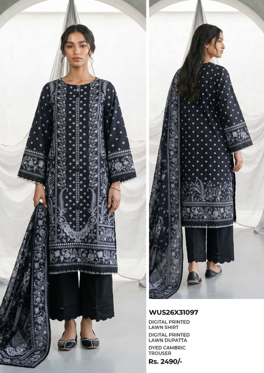 ZELLBURY | Monochrome Printed 3 Pc Lawn Collection 2026 – Black & White