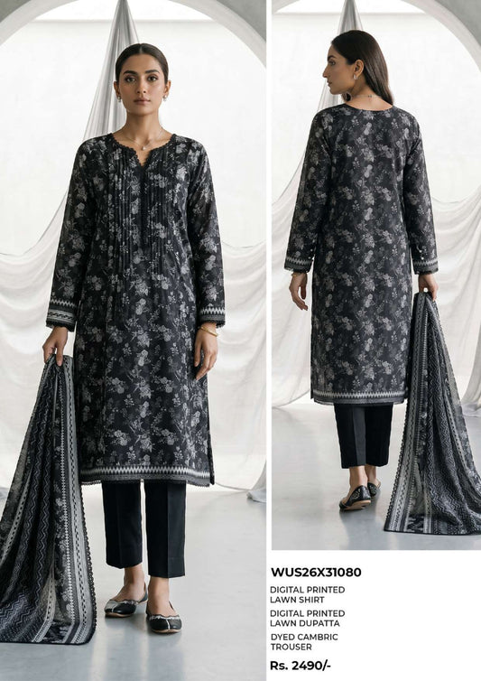 ZELLBURY | Monochrome Printed 3 Pc Lawn Collection 2026 – Black & White