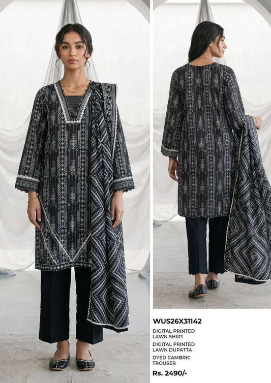 ZELLBURY | Monochrome Printed 3 Pc Lawn Collection 2026 – Black & White