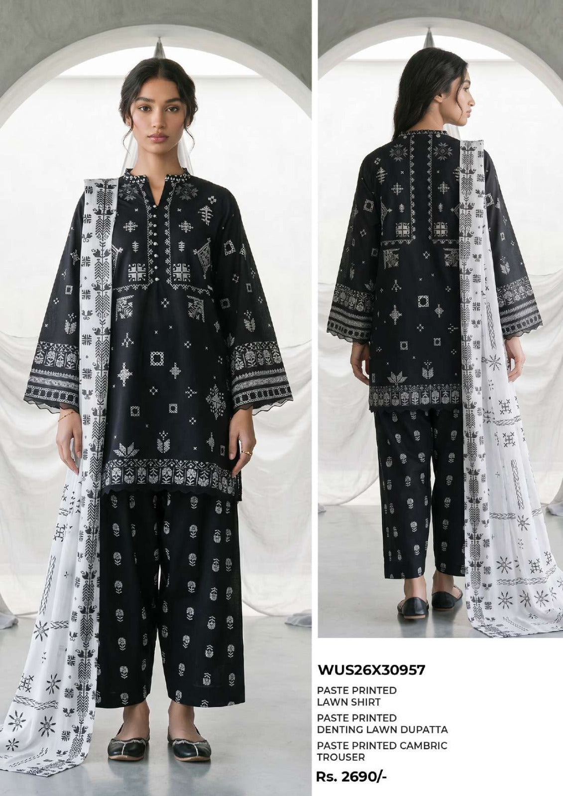 ZELLBURY | Monochrome Printed 3 Pc Lawn Collection 2026 – Black & White