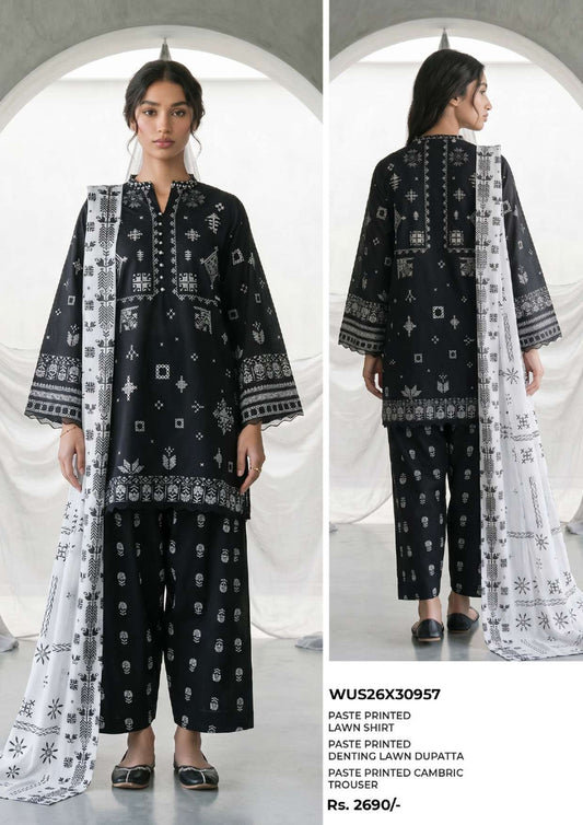 ZELLBURY | Monochrome Printed 3 Pc Lawn Collection 2026 – Black & White