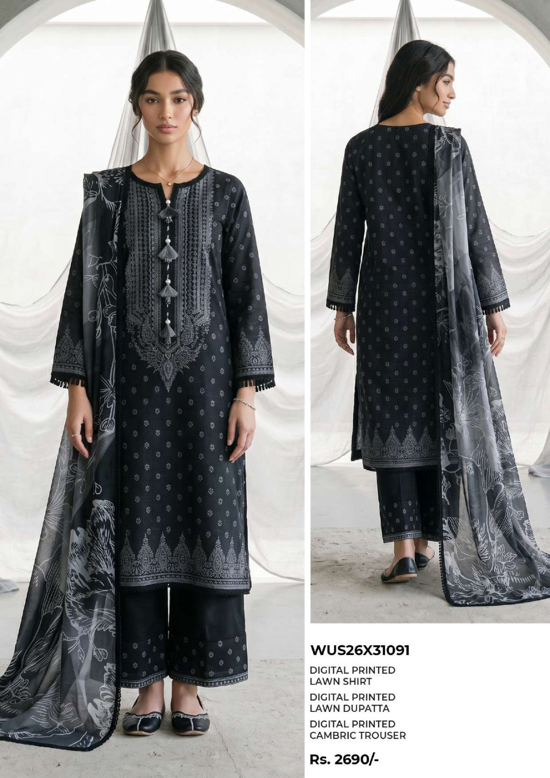 ZELLBURY | Monochrome Printed 3 Pc Lawn Collection 2026 – Black & White