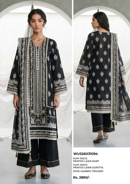 ZELLBURY | Monochrome Printed 3 Pc Lawn Collection 2026 – Black & White