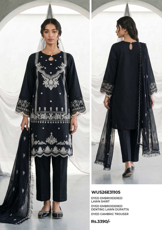 ZELLBURY | Monochrome Dyed Embroidered 3 Pc Lawn Collection 2026 – Black & White