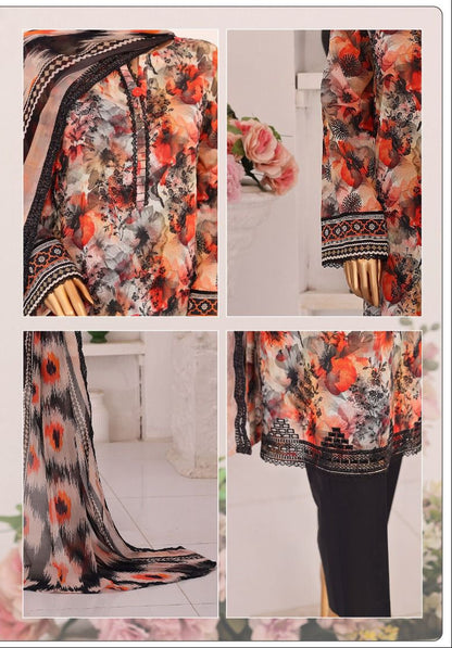 HZ | Unstitch 3 Pc Chikankari Suit with Printed Chiffon Dupatta