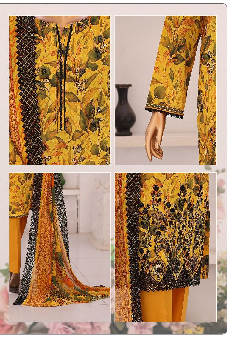 HZ | Unstitch 3 Pc Chikankari Suit with Printed Chiffon Dupatta