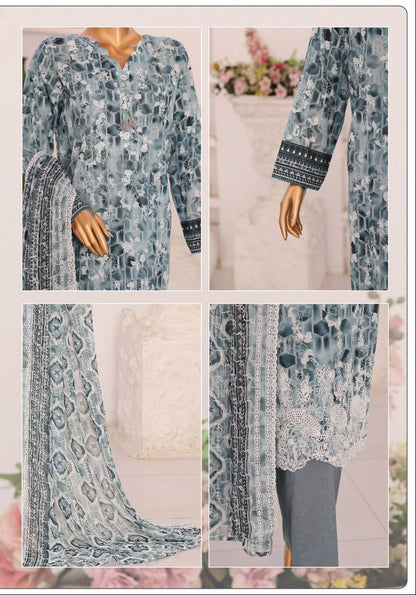 HZ | Unstitch 3 Pc Chikankari Suit with Printed Chiffon Dupatta