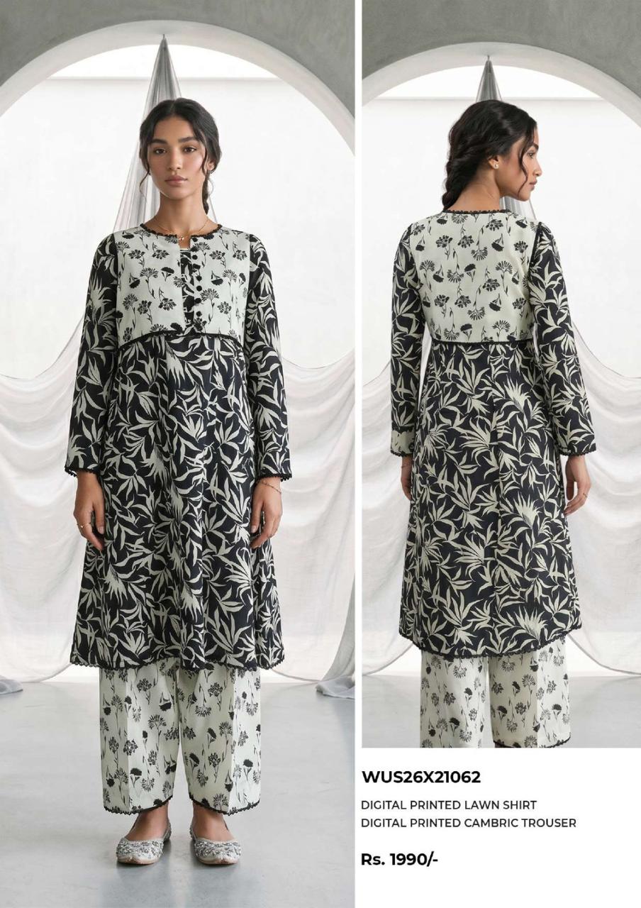 ZELLBURY | Monochrome 2 Pc Lawn Printed Collection – Black & White