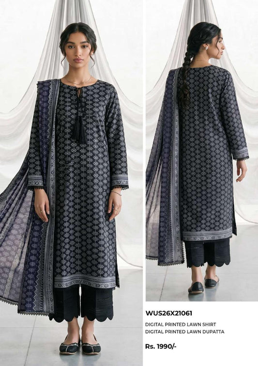 ZELLBURY | Monochrome 2 Pc Lawn Printed Collection – Black & White