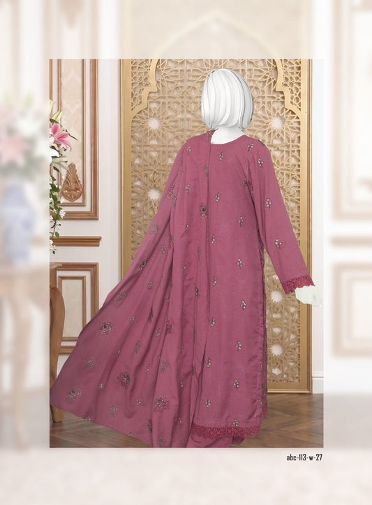 Al Boutique Centre | Safina | Unstitched 3Pc Fancy Embroidered Shirt With Fancy Shawl | Dusty Rose - BarerahFabrics