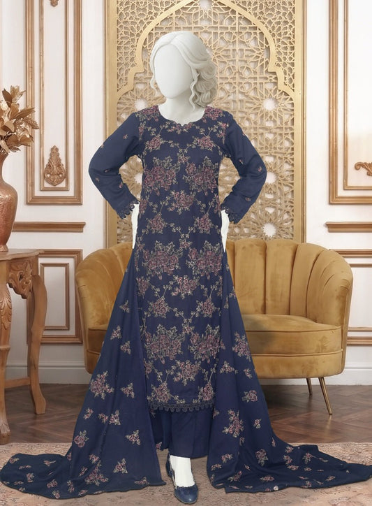 Al Boutique Centre | Safina | Unstitched 3Pc Fancy Embroidered Shirt With Fancy Shawl | Navy Blue - BarerahFabrics