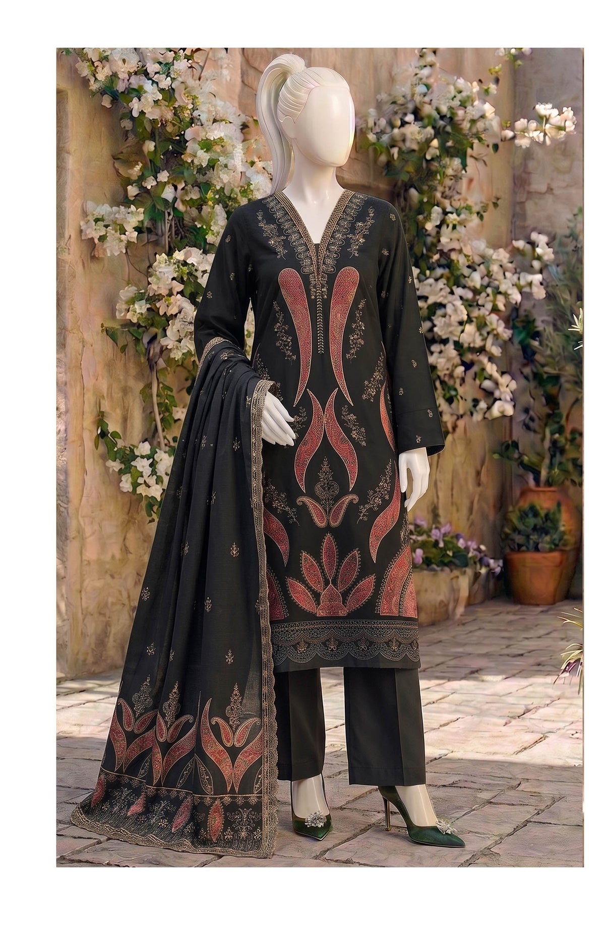 ABC Kajal unstitched 3-piece fancy embroidered Marina suit in black, full-length outfit