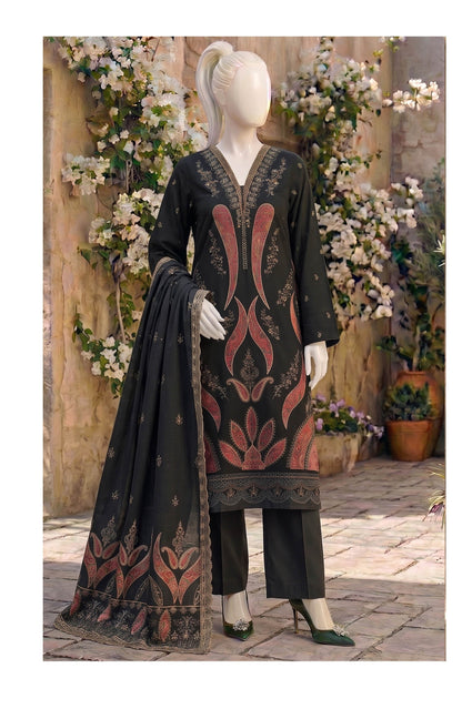 ABC Kajal unstitched 3-piece fancy embroidered Marina suit in black, full-length outfit