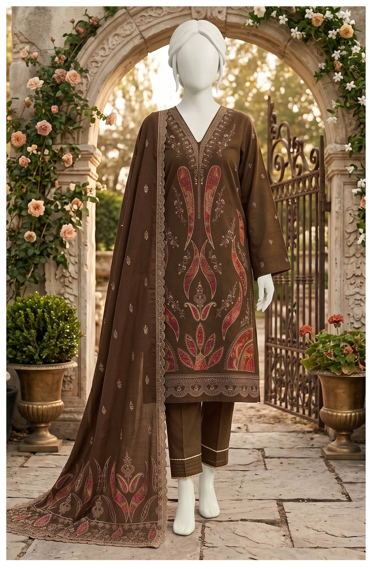ABC Kajal unstitched 3-piece fancy embroidered Marina suit in brown, full-length outfit