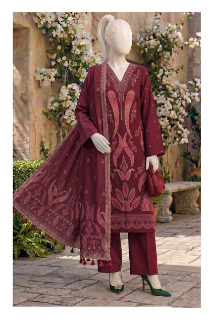 ABC Kajal unstitched 3-piece fancy embroidered Marina suit in maroon, full-length outfit