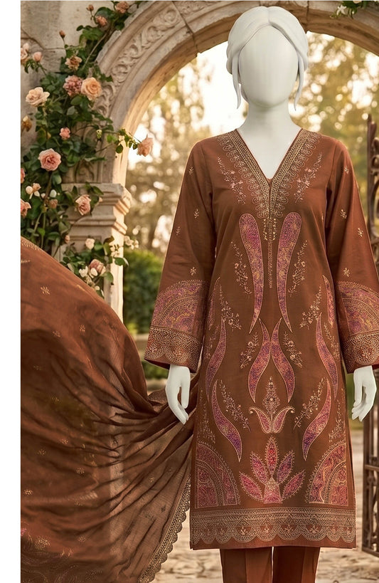 ABC Kajal unstitched 3-piece fancy embroidered Marina suit in rust copper, full-length outfit
