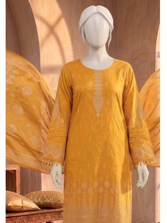 Al Boutique Centre | Balam | Dhanak Jaquard Zari Printed Unstitched 3Pc – Mustard - BarerahFabrics