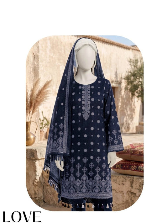Al Boutique Centre | Balam | Dhanak Jaquard Zari Printed Unstitched 3Pc – Navy Blue - BarerahFabrics