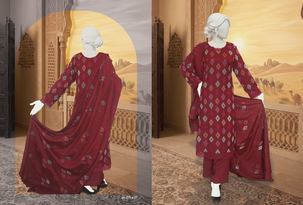 ABC Shumile burgundy embroidered marina slub suit, front-facing full dress pose