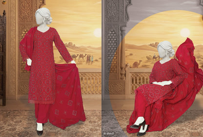 ABC Shumile crimson red embroidered marina slub suit, front-facing full dress pose