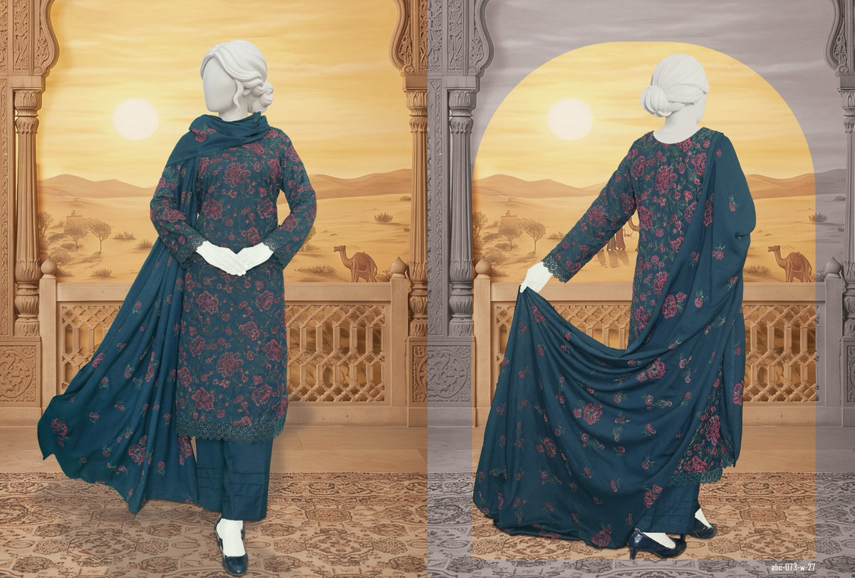 ABC Shumile teal blue embroidered marina slub suit, second pose