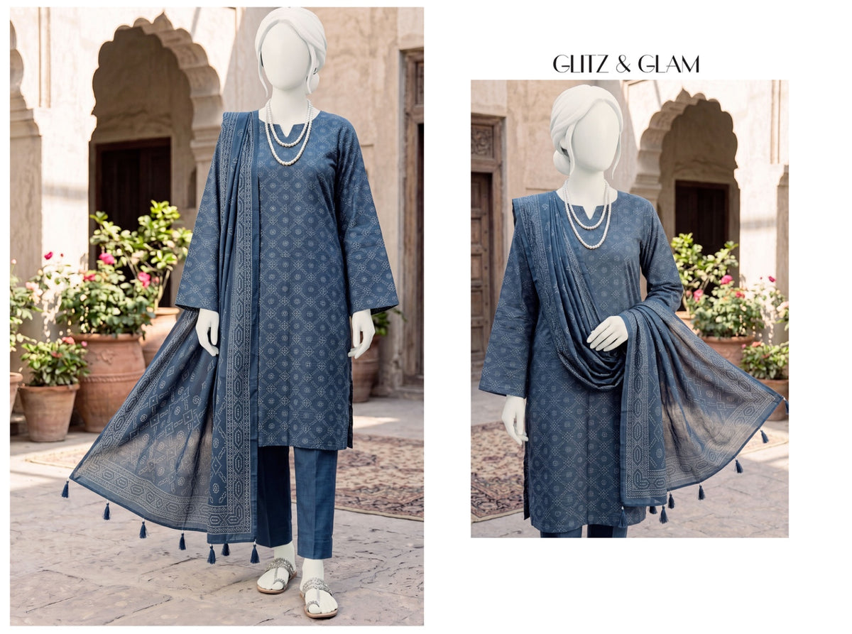 Al Boutique Centre | Unstitched Printed 3Pc Dhanak | Steel Blue