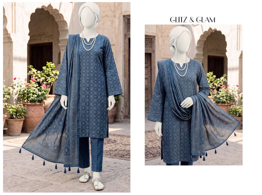 Al Boutique Centre | Unstitched Printed 3Pc Dhanak | Steel Blue