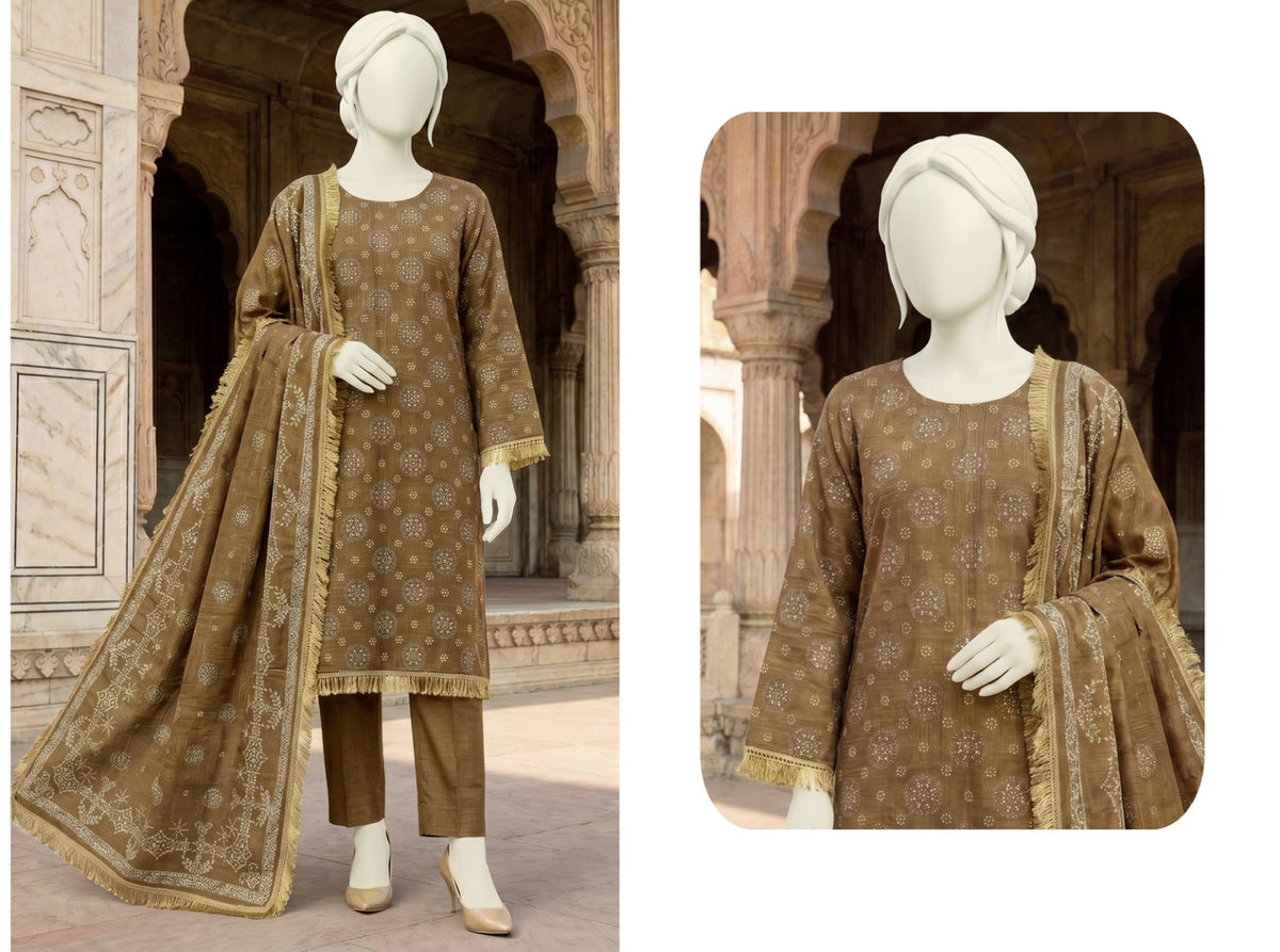 Al Boutique Centre | Unstitched Printed 3Pc Dhanak | Mocha Brown