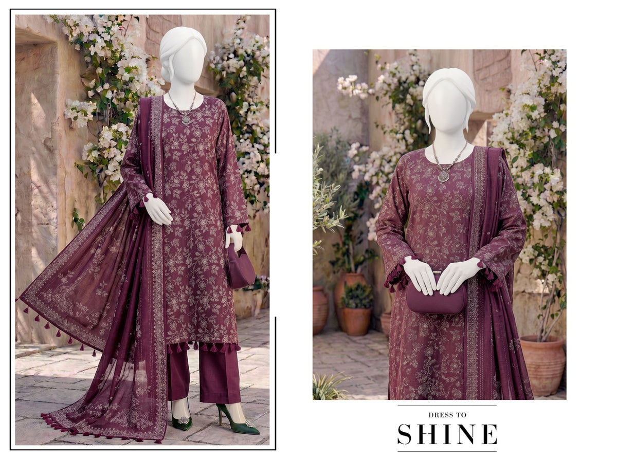 Al Boutique Centre | Unstitched Printed 3Pc Dhanak | Plum Maroon